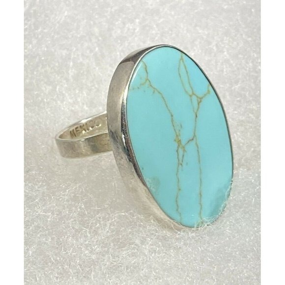 925 Ring Mexico Turquoise Oval Cab Ring Size 7 Adjustable Fine - Picture 5 of 7